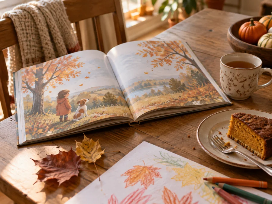 Livre ouvert, feuilles d’automne et plaid douillet