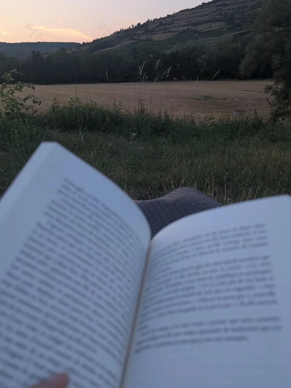 Un livre ouvert devant un paysage au coucher du soleil