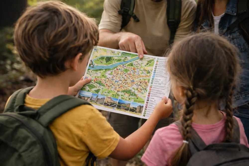 Enfants regardant une carte touristique avec leurs parents
