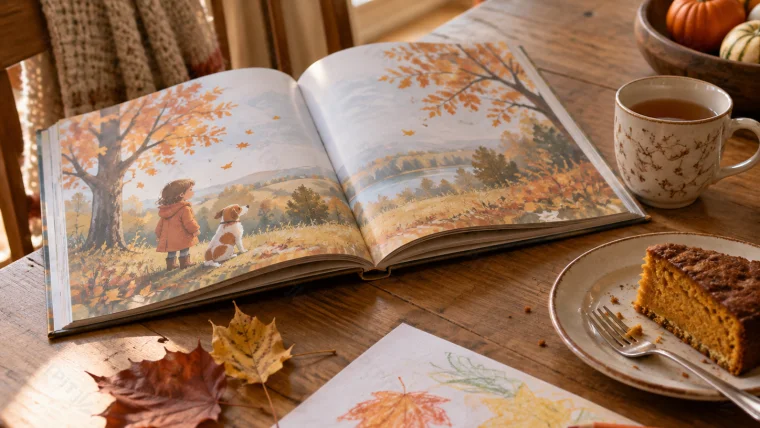Livre ouvert, feuilles d’automne et plaid douillet